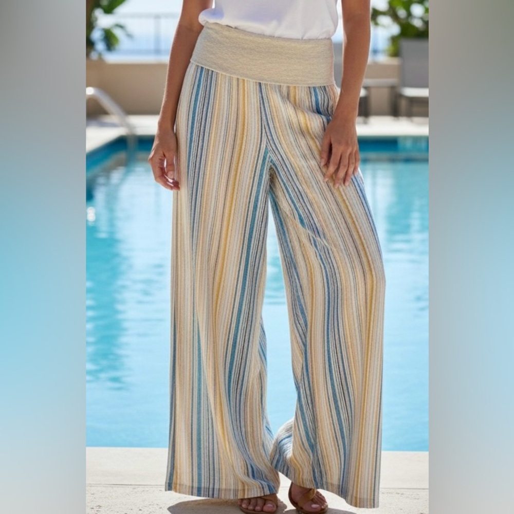 Women’s linen stripe beach pants, Palazzo pants, boho, Casual Wear NWOT size S